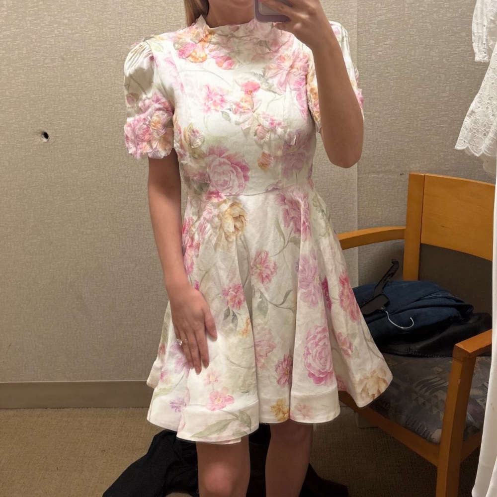 ANTONIO MELANI White Floral Fit-and-Flare Mini Dress with Pink Roses